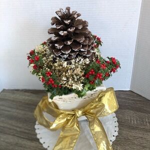 Handmade Holiday Pinecone and Berry Centerpiece with Gold Ribbon